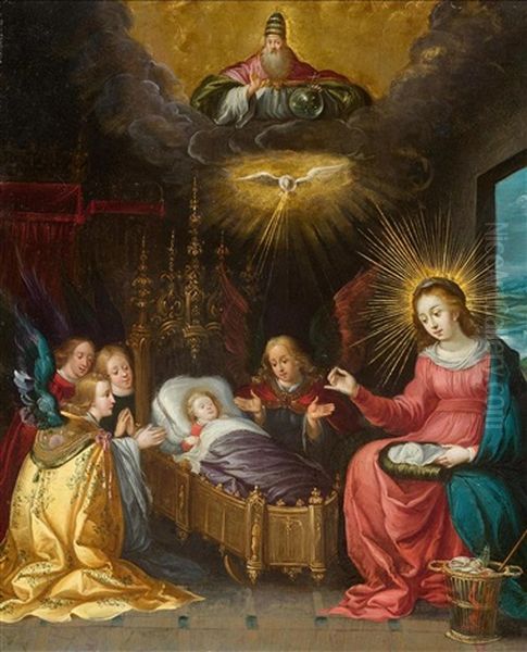 Madonna And Child With Angels And The Holy Ghost Oil Painting by Cornelis de Baellieur
