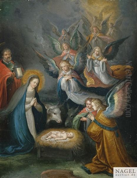 Die Heilige Familie Mit Engeln In Anbetung Des Kindes Oil Painting by Cornelis de Baellieur
