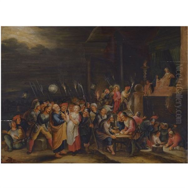 The Denial Of Saint Peter, Christ Led Before Caiaphas In The Background Oil Painting by Cornelis de Baellieur