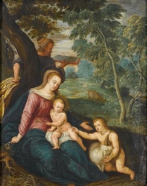 The Holy Family With Saint John The Baptist In A Landscape (+ The Virgin And Child Attended By Angels And The Holy Spirit, Various Sizes; Pair) Oil Painting by Cornelis de Baellieur
