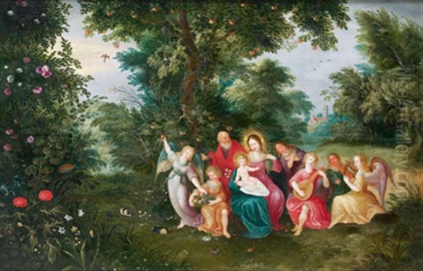 Die Heilige Familie Mit Musizierenden Engeln In Einer Waldlandschaft Oil Painting by Cornelis de Baellieur