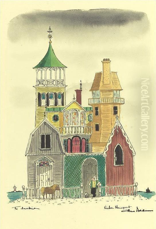 Fanciful Victorian House By The Shore Oil Painting by Charles Adams