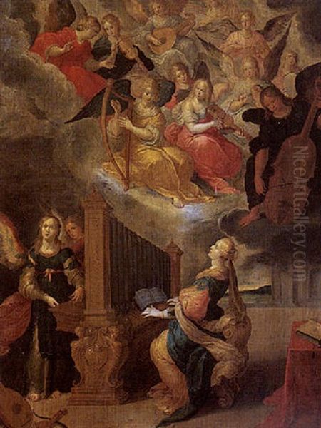 Saint Celilia Playing An Organ, An Orchestra Of Angels Above Oil Painting by Cornelis de Baellieur