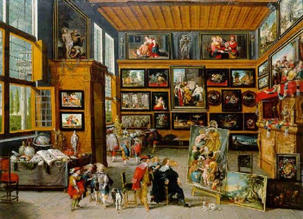 A Spacious Entrance Hall: The Walls Hung With Pictures, Collectors' Items On Tables, And An Artist Showing A Painting Oil Painting by Cornelis de Baellieur