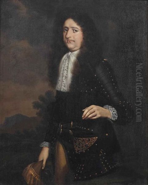 Portrait Of A Nobleman, Three-quarter Length, In Armour And A Lace Ruff, Standing Before An Italianate Landscape Oil Painting by Jan de Baen
