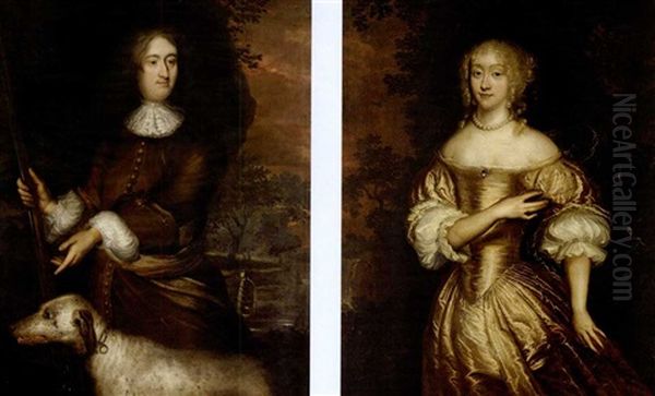 Portrait Of A Gentleman Wearing Brown And Holding A Musket With His Hound Beside Him (+ Portrait Of His Wife Wearing A Gold Dress; Pair) Oil Painting by Jan de Baen