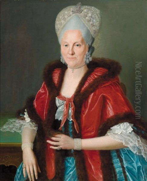 Bildnis Einer Dame In Blauem Seidenkleid, Rotem, Pelzverbramten Mantel, Mit Ohrgehangen Und Kollier Aus Brillanten, Perlenarmbandern Und Einer Kostbar Gestickten, Mit Brillanten Besetzen Haube Oil Painting by Johann Daniel Bager