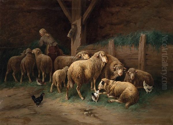 Fermiere Et Son Troupeau Dans La Bergerie Oil Painting by Jules Bahieu