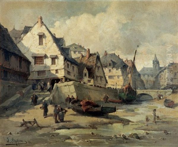 Village De Pecheurs En Normandie Oil Painting by Jules Bahieu