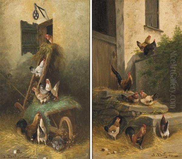 Poules Dans Une Basse-cour (pair) Oil Painting by Jules Bahieu