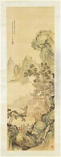 Mountainous Landscape, The Corner Of A Stone Wall Supporting A Finely Detailed Pavilion Behind A Cover Of Mist And A Single Tall Pine Tree Oil Painting by  Bai Zongwei