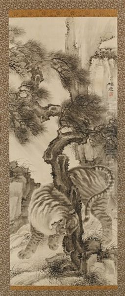 Pine Tree And Tiger Oil Painting by Yamamoto Baiitsu