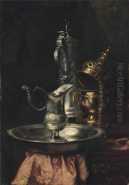 A Silver Jug And Bowl On A Wooden Ledge Oil Painting by Joseph Bail