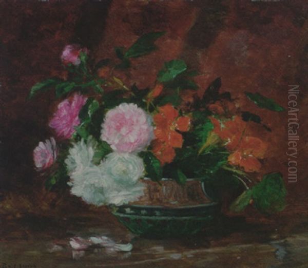 Chrysanthemums And Nasturtiums In A Bowl, On A Table Oil Painting by Joseph Bail