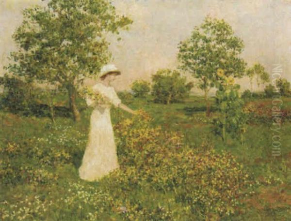 A Girl Picking Flowers Oil Painting by Marcel Adolphe Bain