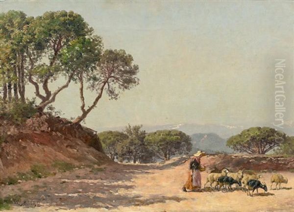 Bergere Et Son Troupeau Dans Un Paysage Provencal Oil Painting by William Baptiste Baird