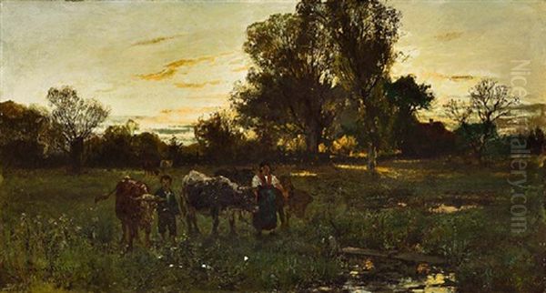 Zwei Hirten Fuhren Bei Sonnenaufgang Ihre Rinder
Zur Tranke Oil Painting by Hermann Baisch