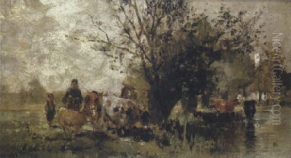 Kuhe Am Wasser Mit Hirten Oil Painting by Hermann Baisch
