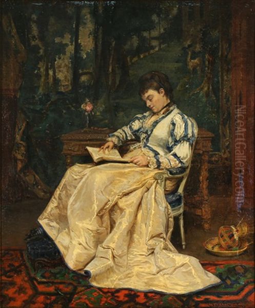 Elegant Woman Reading Oil Painting by Ladislaus Bakalowicz