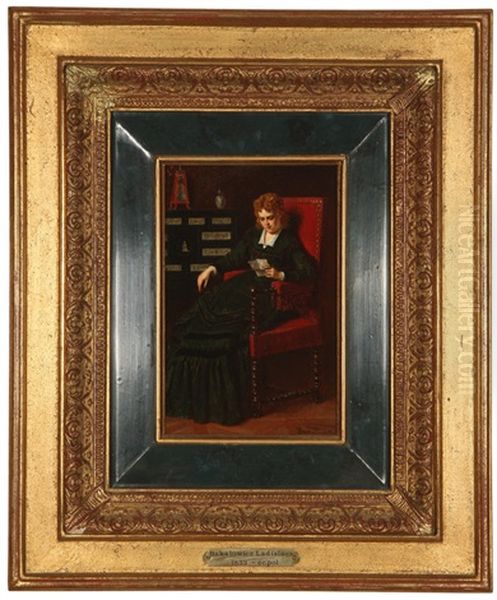 Woman Seated Reading A Letter Before An Ebonized Chinese Cabinet Oil Painting by Ladislaus Bakalowicz