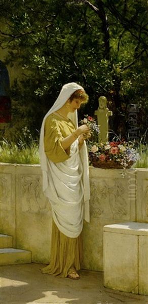 Arranging Flowers Oil Painting by Stephan Vladislavovich Bakalowicz