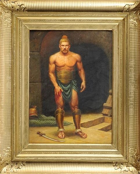 Verwundeter Gladiator In Der Arena Mit Schwert, Netz Und Helm Oil Painting by Stephan Vladislavovich Bakalowicz