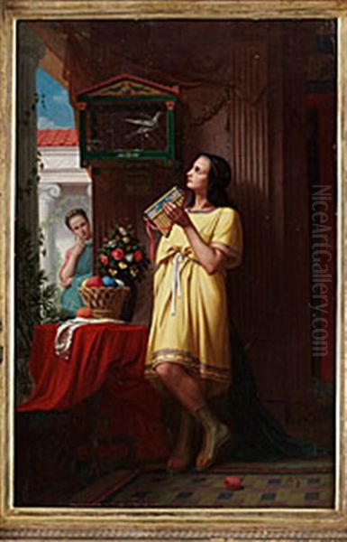 Interior Med Kvinna Och Fagel Oil Painting by Stephan Vladislavovich Bakalowicz