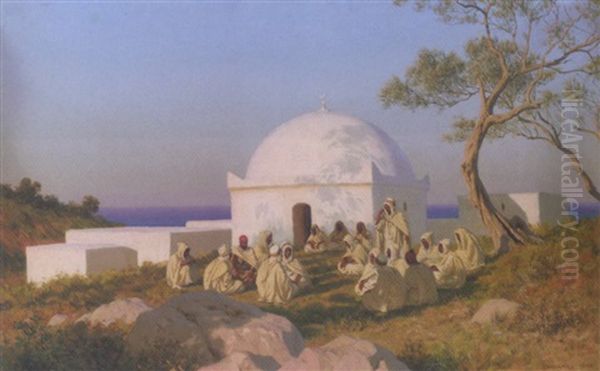 Arabs By The Mosque Oil Painting by Stephan Vladislavovich Bakalowicz