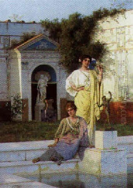 Deux Praticiennes Dans Un Jardin Antique Oil Painting by Stephan Vladislavovich Bakalowicz