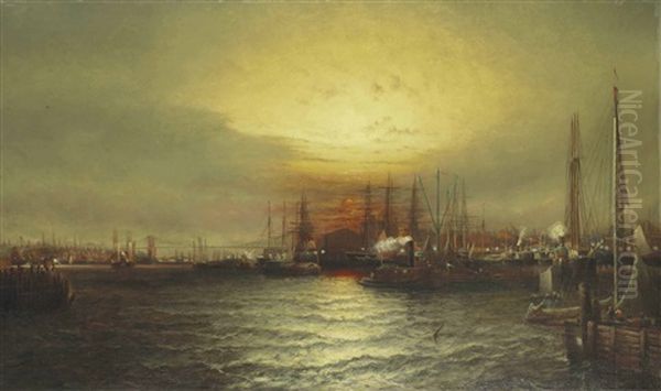 Sunrise From Chapman Dock And Old Brooklyn Navy Yard, East River, New York Oil Painting by Elisha (Taylor) Baker