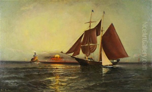 Seascape With Sailboat And Tugboat Oil Painting by Elisha (Taylor) Baker