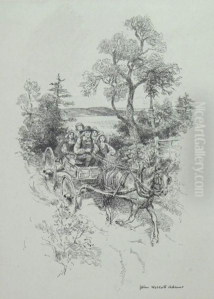 Family Traveling By Buckboard. Oil Painting by John Wolcott Adams