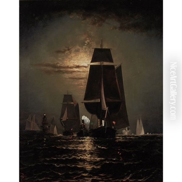 Shipping By Moonlight Oil Painting by Elisha (Taylor) Baker