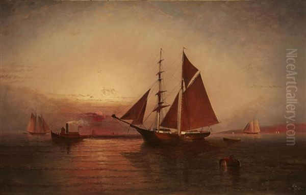 Harbor Scene At Twilight Oil Painting by Elisha (Taylor) Baker