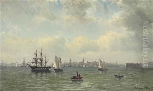 View Of New York Harbor, 1877 Oil Painting by Elisha (Taylor) Baker