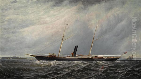 The Yacht Stranger Of The New York Yacht Club Off Execution Lighthouse Oil Painting by Elisha (Taylor) Baker