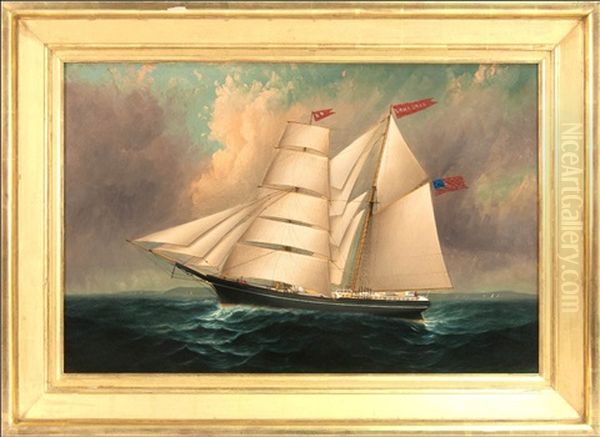 Portrait Of The Brigantine Emma Dean Under Full Sail With Coast In Distance Oil Painting by Elisha (Taylor) Baker