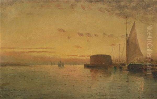 Ferry Arriving, Castle Clinton, New York Harbor Oil Painting by Elisha (Taylor) Baker