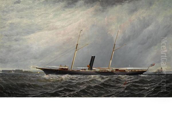 The Yacht Stranger Of New York Yacht Club Off Execution Lighthouse Oil Painting by Elisha (Taylor) Baker