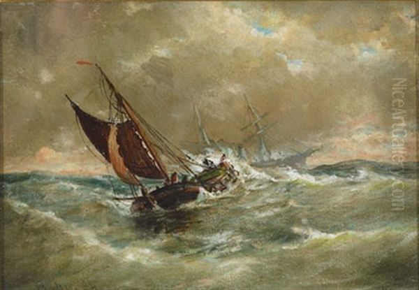 Ships In Heavy Seas Oil Painting by Elisha (Taylor) Baker