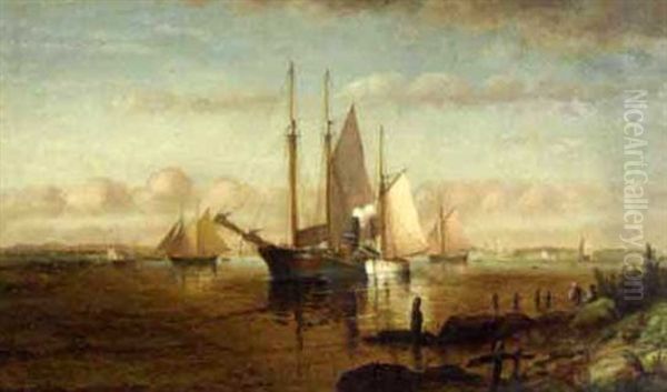Schooners, Fishing Boats And Tug In A Harbor Oil Painting by Elisha (Taylor) Baker