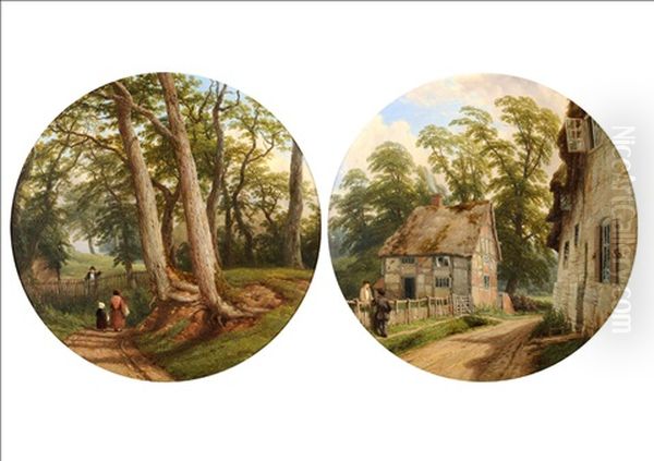 Birdingbury, Warwickshire (+ Figures On A Path Beside Trees; Pair) Oil Painting by Thomas Baker