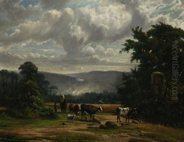 Viehtrieb In Weiter Voralpenlandschaft. Vorn Rechts Ein Wegemarterl Am Waldesrand Oil Painting by Alexander Hieronymus Bakhuyzen