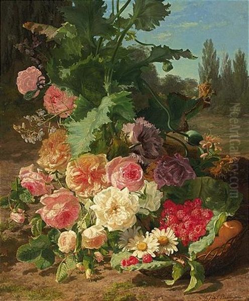 A Still Life With Flowers And Fruit In A Landscape Oil Painting by Gerardina Jacoba van de Sande Bakhuyzen