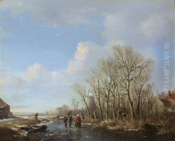 Wood Gatherers On A Frozen Stream Oil Painting by Hendrik van de Sande Bakhuyzen