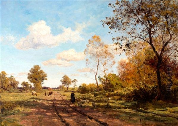 Koeherderin Op Een Landweg Oil Painting by Julius Jacobus Van De Sande Bakhuyzen