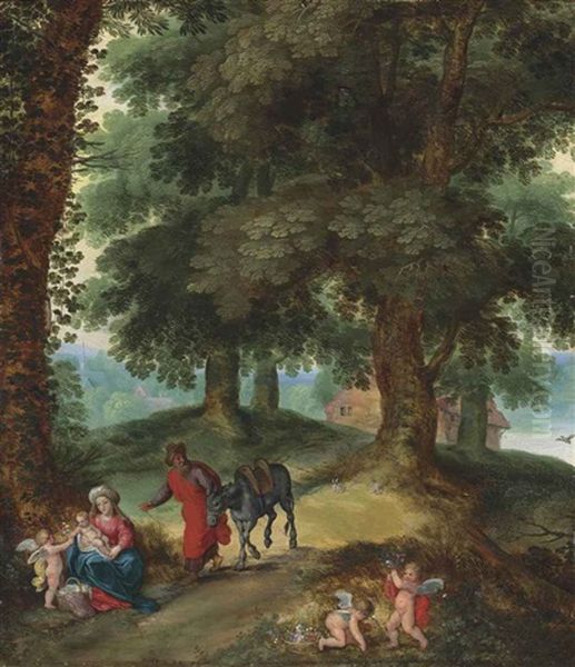 A Wooded Landscape With The Rest On The Flight Into Egypt Oil Painting by Hendrik van Balen the Elder