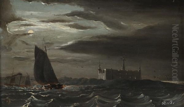 Kronborg Slott I Maneskinn Fra Sjosiden Oil Painting by Peder Balke