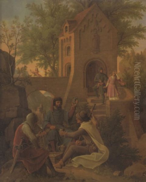 Ritterszene: Landschaft Mit Einem Jager, Ritter Und Edelmann Bei Der Verteilung Eines Schatzes Oil Painting by Karl Ballenberger