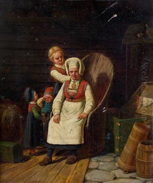 Famille Dans Un Interieur Norvegien Oil Painting by Ole Peter Hansen Balling